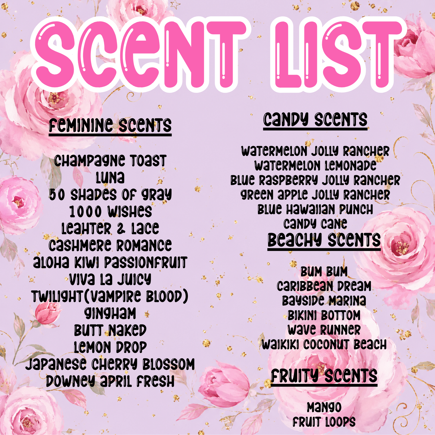 Freshie Scent List